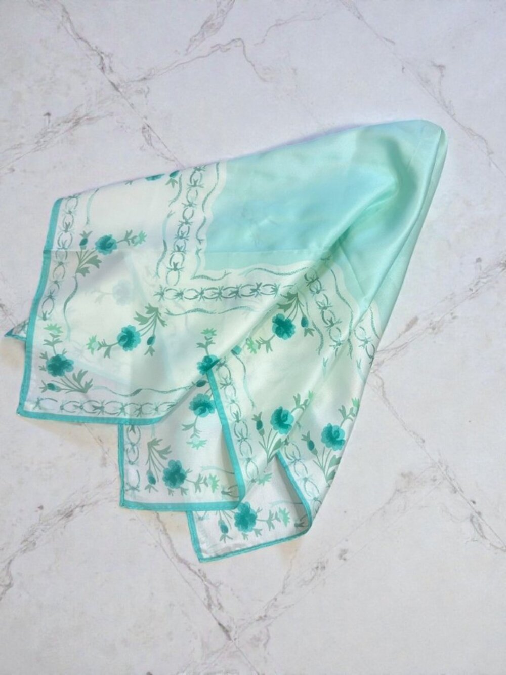 Vera Neumann Vintage Aqua Green Floral Square Scarf Made in Japan